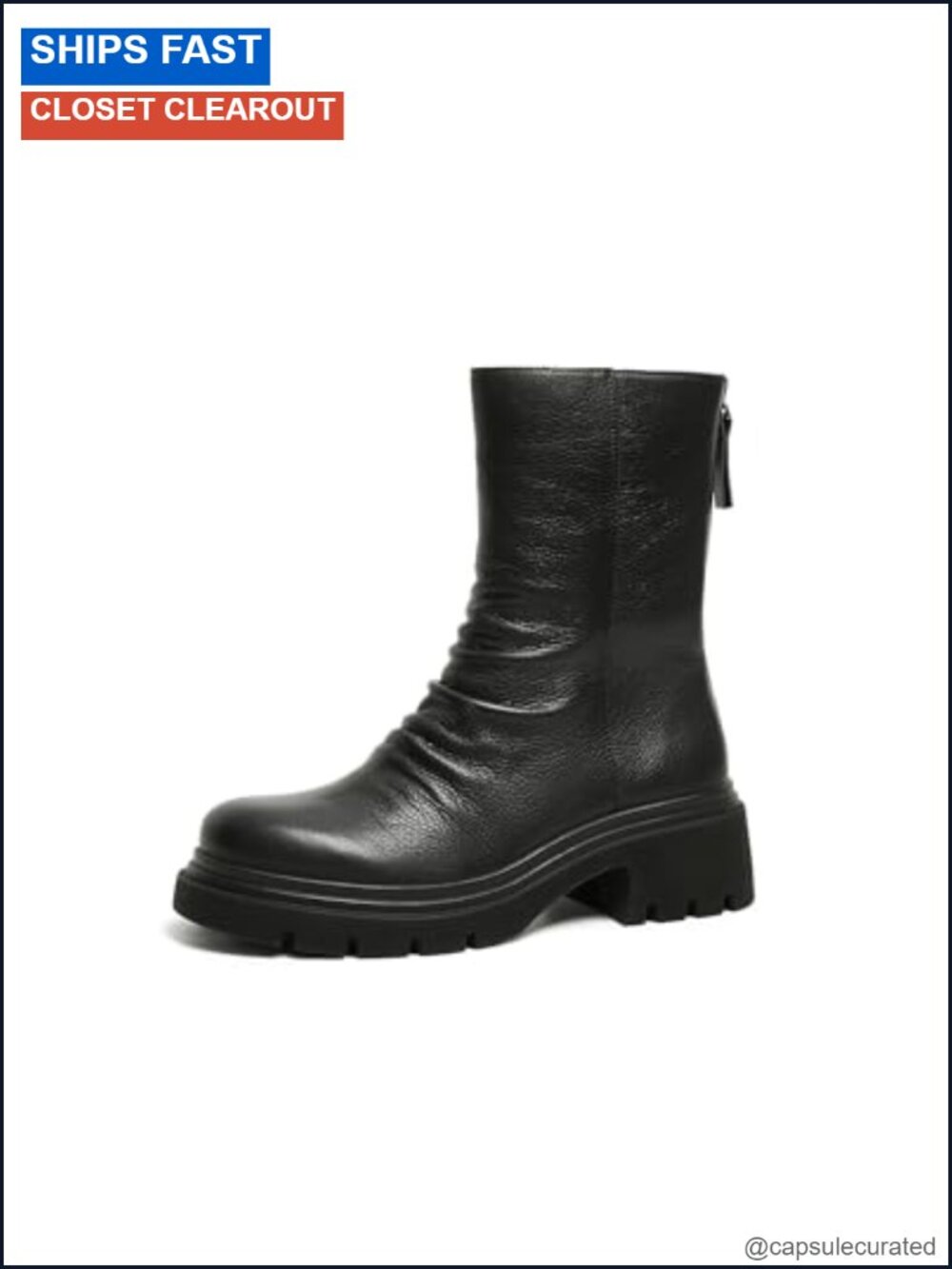 Slouch Mid-Calf Boot Ankle Heels Back Zip Platform Ruched Leather Women Boots